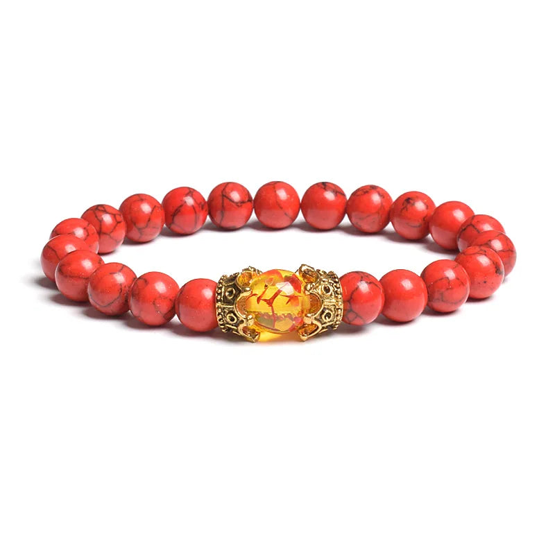 Black Lava Stone Crown Charm Tiger Eye Beads Bracelet