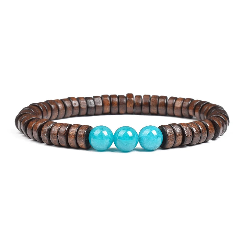 Cylindrical Wood Beads With Natural Stone Bracelet For Men