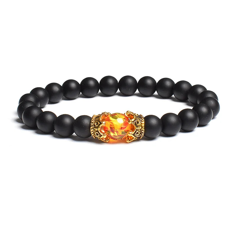 Black Lava Stone Crown Charm Tiger Eye Beads Bracelet