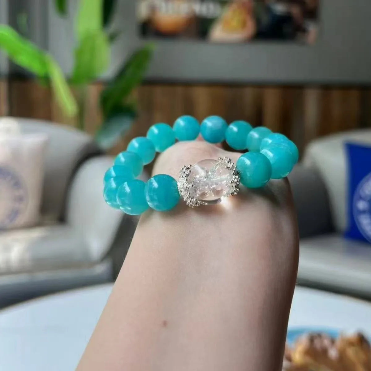 Natural Tianhe Stone Bracelet – Blue-Green Amazon Round Beads, Crystal Gemstone Accessory