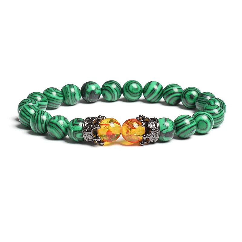 Black Lava Stone Crown Charm Tiger Eye Beads Bracelet