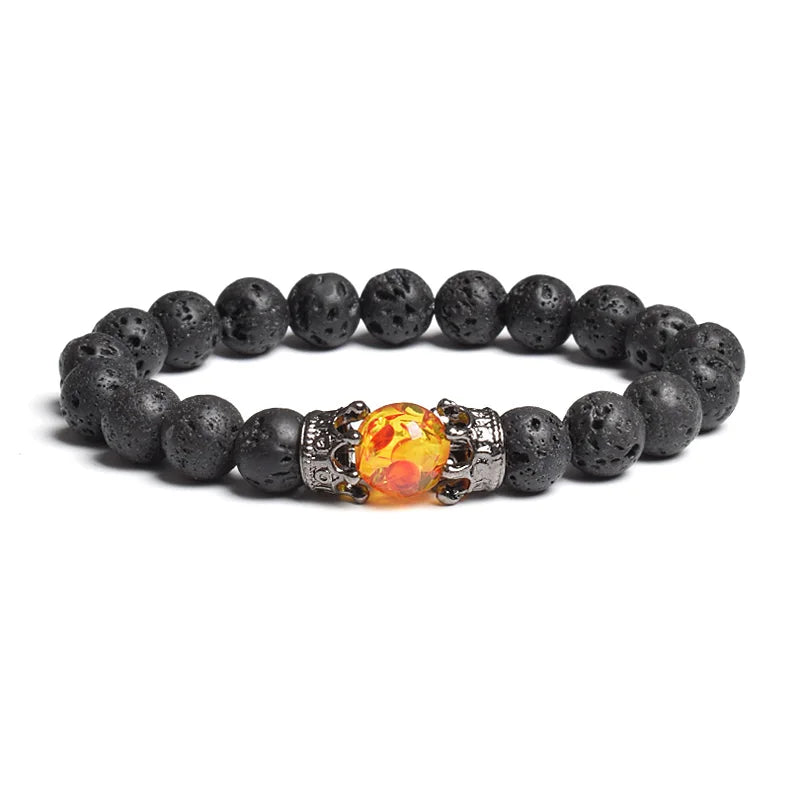 Black Lava Stone Crown Charm Tiger Eye Beads Bracelet