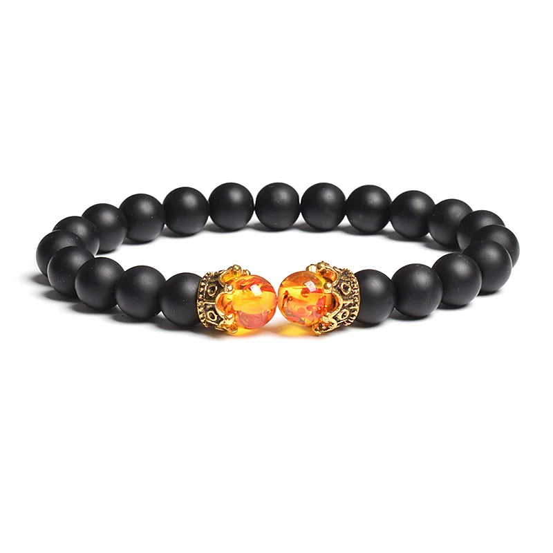 Black Lava Stone Crown Charm Tiger Eye Beads Bracelet