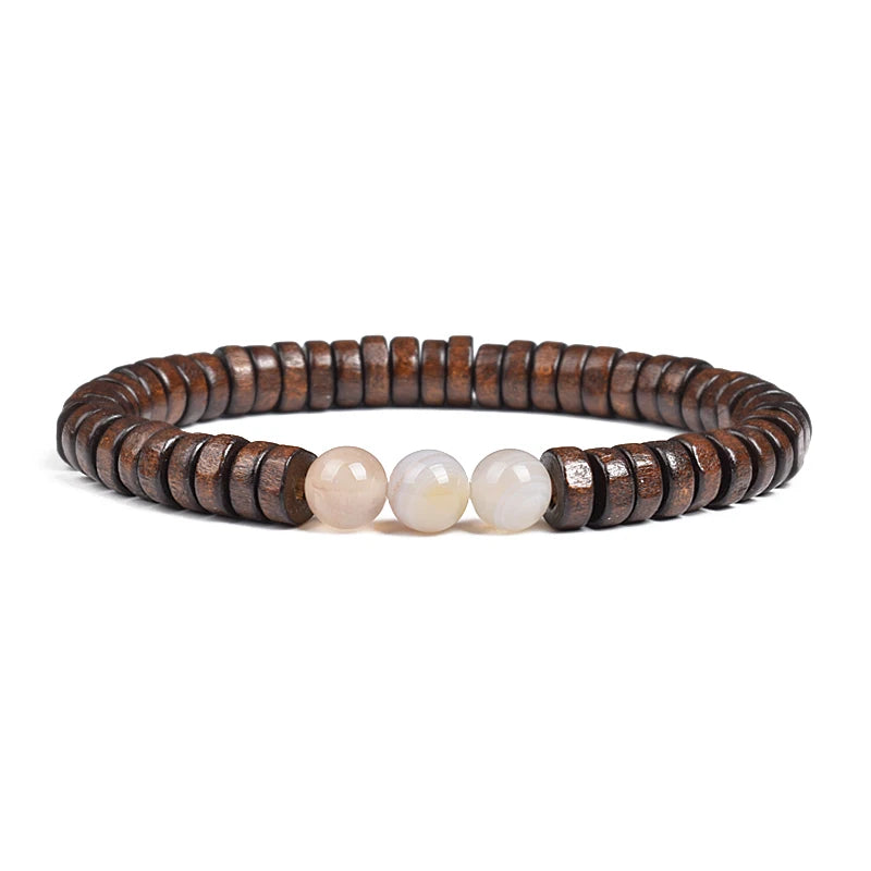 Cylindrical Wood Beads With Natural Stone Bracelet For Men