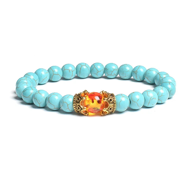 Black Lava Stone Crown Charm Tiger Eye Beads Bracelet