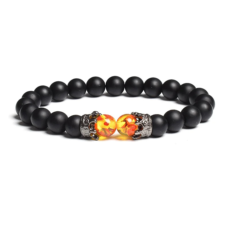 Black Lava Stone Crown Charm Tiger Eye Beads Bracelet