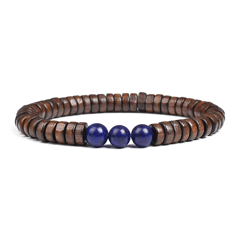 Cylindrical Wood Beads With Natural Stone Bracelet For Men