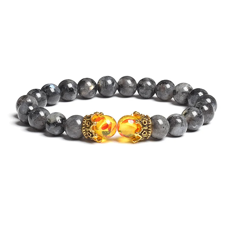 Black Lava Stone Crown Charm Tiger Eye Beads Bracelet