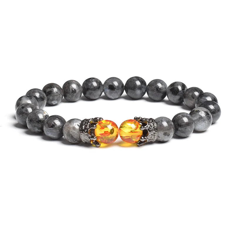 Black Lava Stone Crown Charm Tiger Eye Beads Bracelet