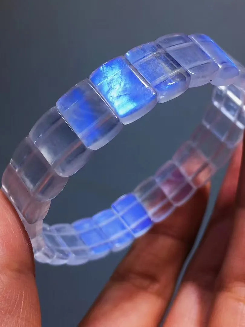 Blue Moonstone Bracelet – Natural Rectangular Beads, Healing Crystal