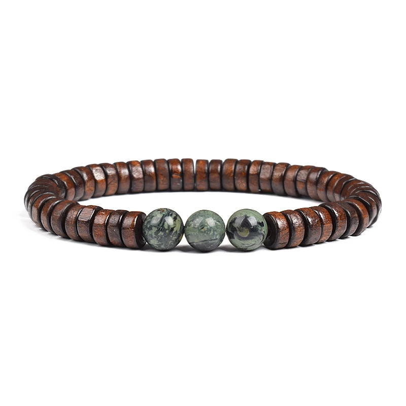 Cylindrical Wood Beads With Natural Stone Bracelet For Men
