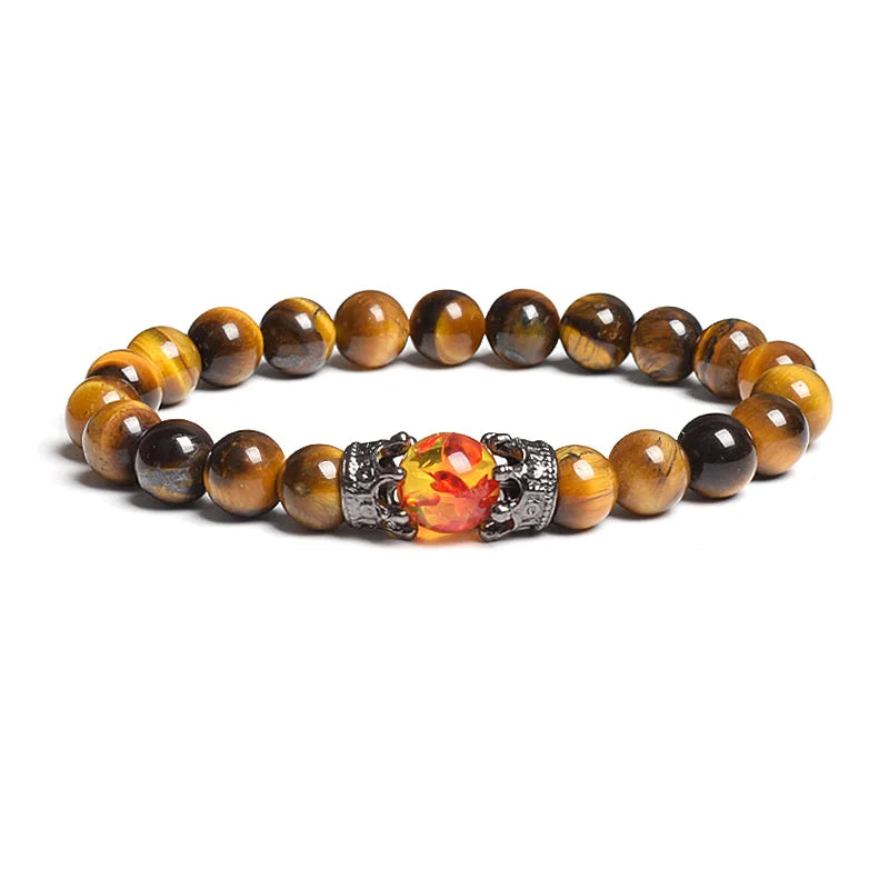 Black Lava Stone Crown Charm Tiger Eye Beads Bracelet