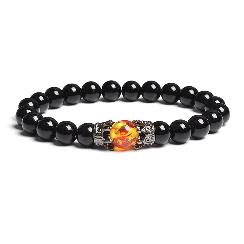 Black Lava Stone Crown Charm Tiger Eye Beads Bracelet