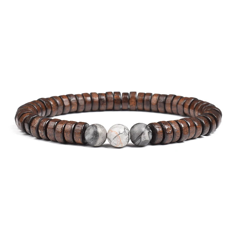 Cylindrical Wood Beads With Natural Stone Bracelet For Men
