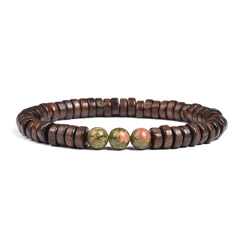 Cylindrical Wood Beads With Natural Stone Bracelet For Men