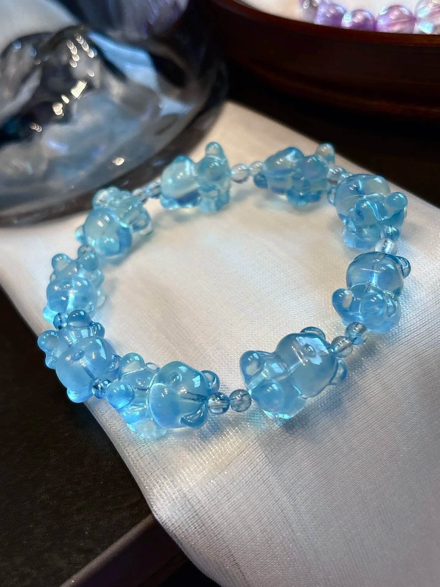 Deep Blue Aquamarine Bear Beads Bracelet – Natural 11x15mm for Women & Men