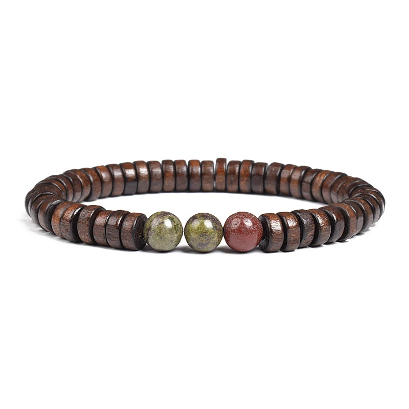 Cylindrical Wood Beads With Natural Stone Bracelet For Men