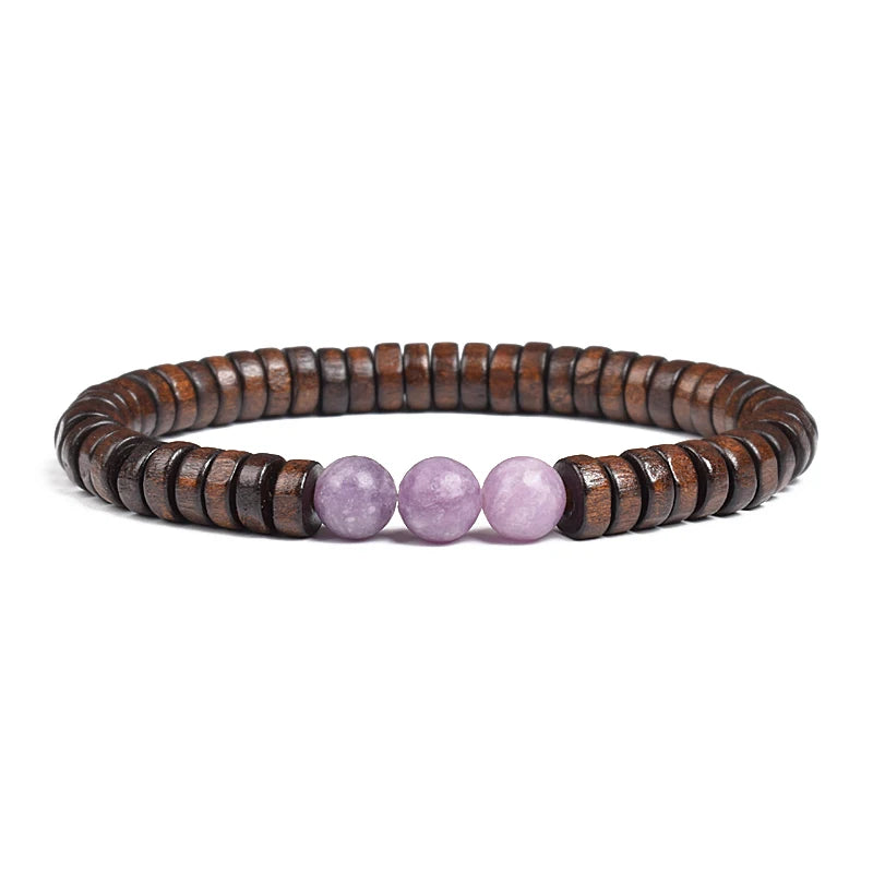Cylindrical Wood Beads With Natural Stone Bracelet For Men
