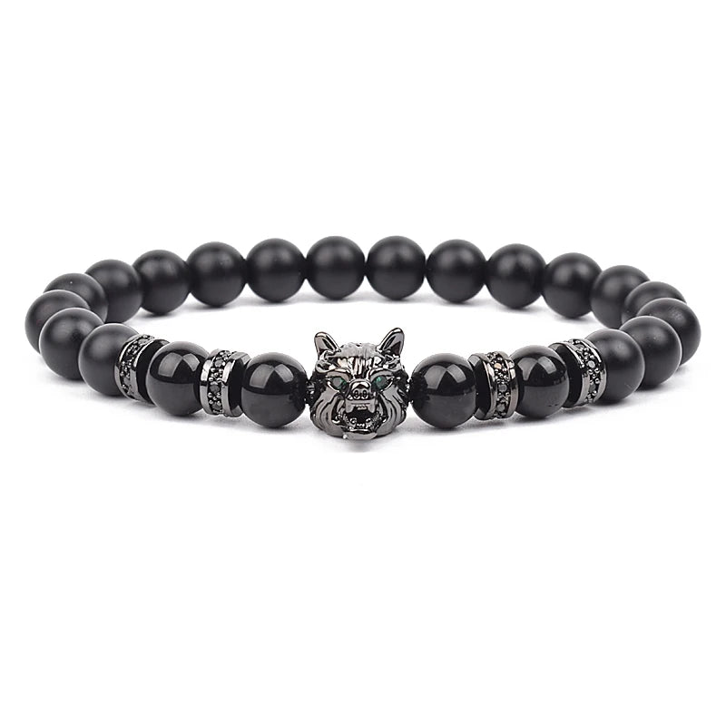 Bracelet Men Black Matte Agates Bead Vintage