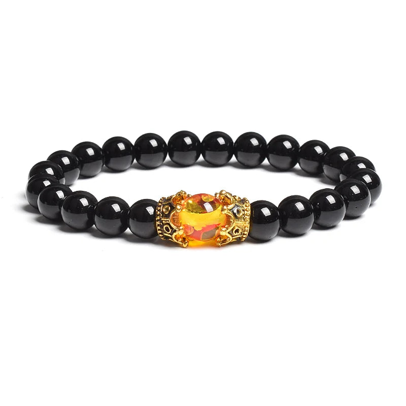 Black Lava Stone Crown Charm Tiger Eye Beads Bracelet