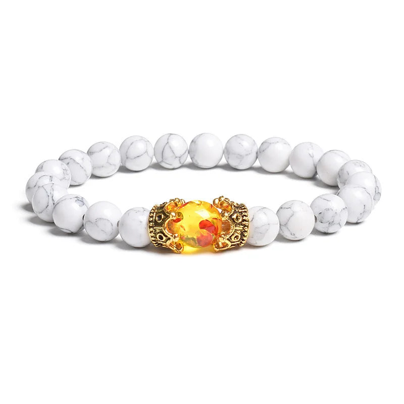 Black Lava Stone Crown Charm Tiger Eye Beads Bracelet