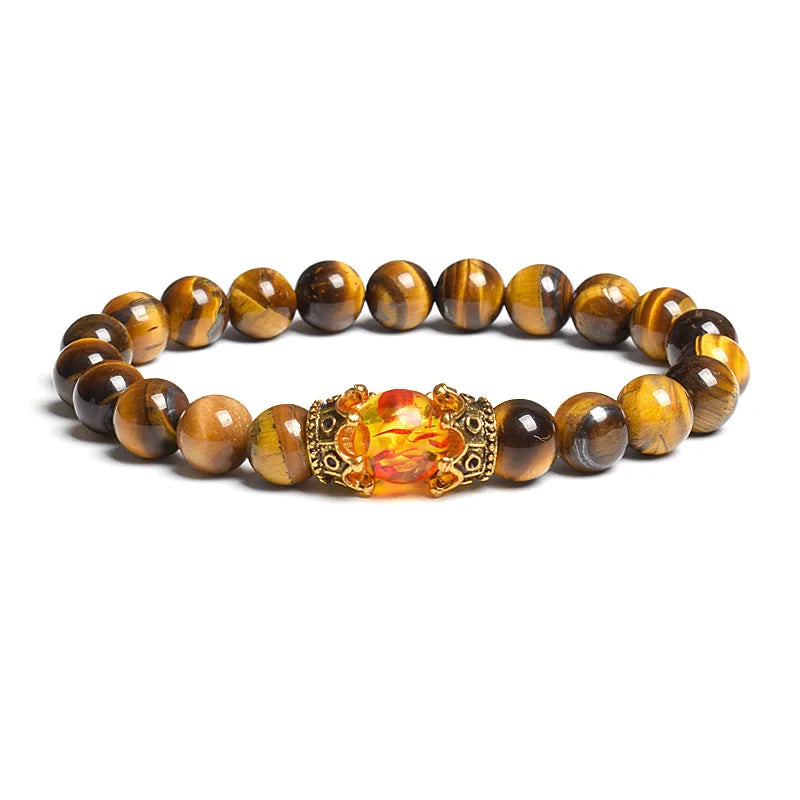 Black Lava Stone Crown Charm Tiger Eye Beads Bracelet