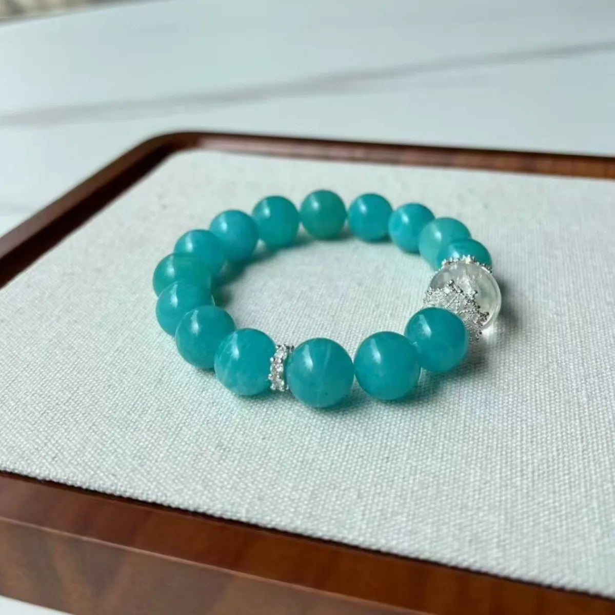 Natural Tianhe Stone Bracelet – Blue-Green Amazon Round Beads, Crystal Gemstone Accessory