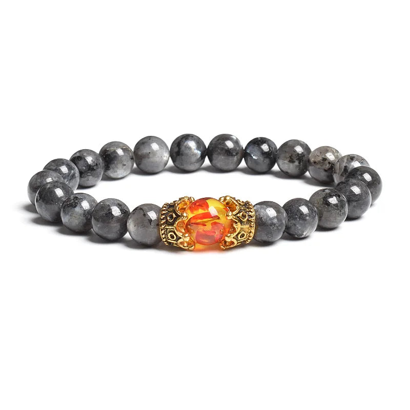 Black Lava Stone Crown Charm Tiger Eye Beads Bracelet