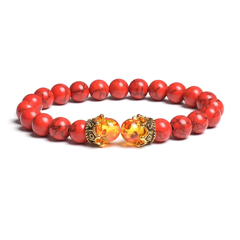 Black Lava Stone Crown Charm Tiger Eye Beads Bracelet