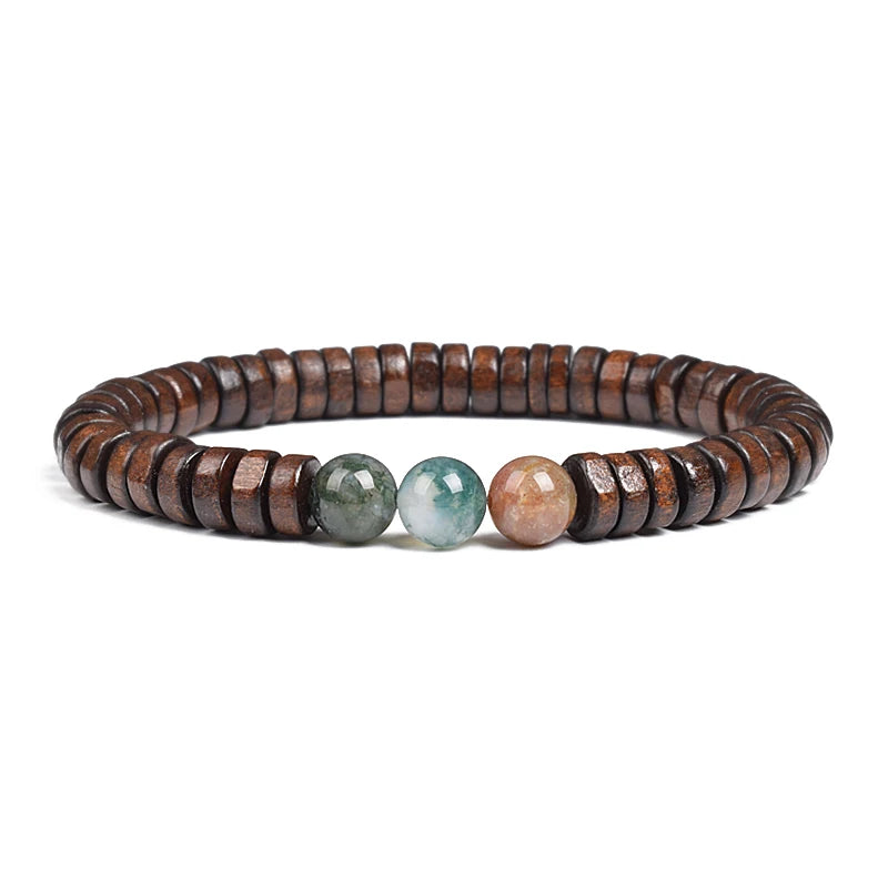 Cylindrical Wood Beads With Natural Stone Bracelet For Men