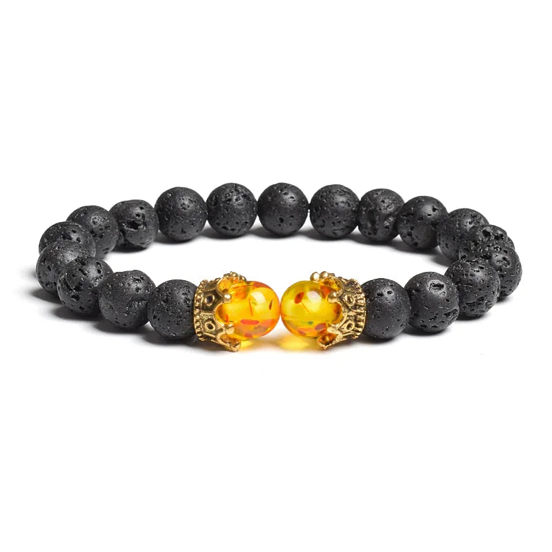 Black Lava Stone Crown Charm Tiger Eye Beads Bracelet