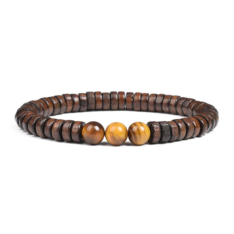 Cylindrical Wood Beads With Natural Stone Bracelet For Men
