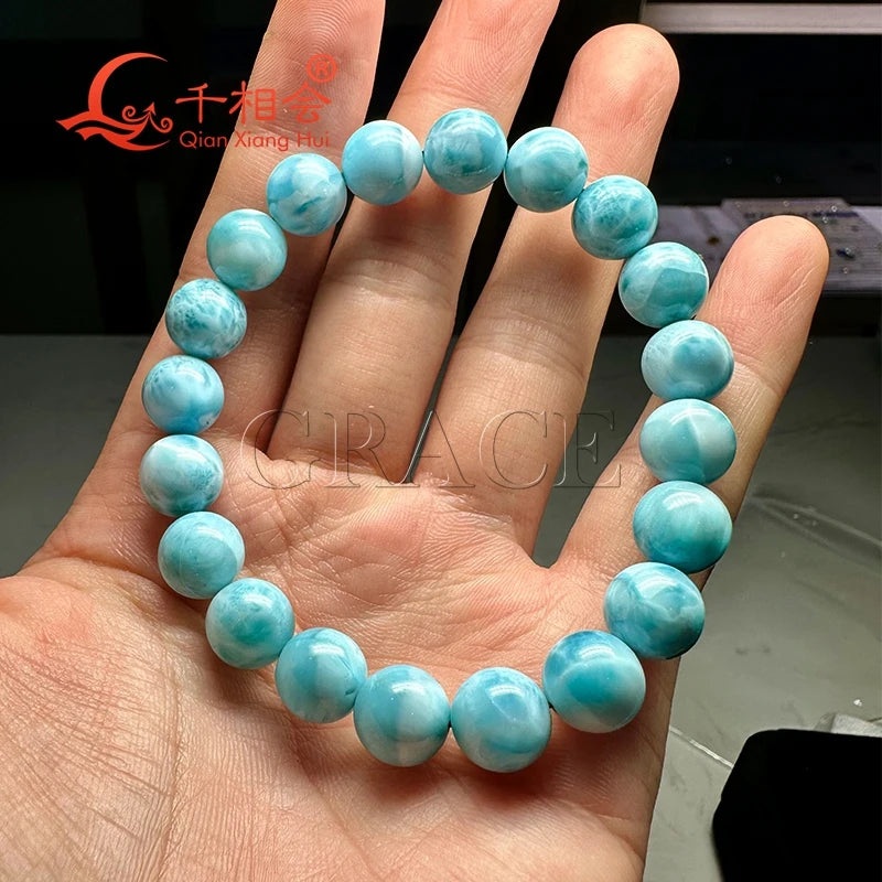 Natural Larimar Bracelet – 10mm Round Gemstone for Women & Men