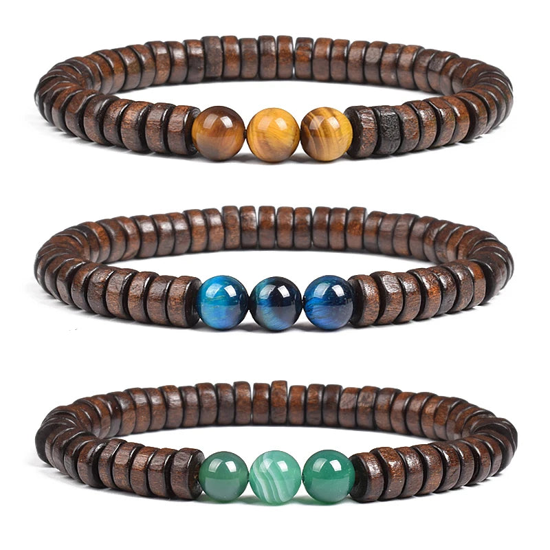 Cylindrical Wood Beads With Natural Stone Bracelet For Men