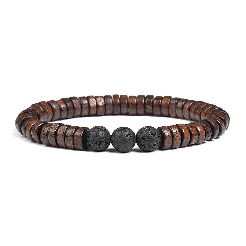 Cylindrical Wood Beads With Natural Stone Bracelet For Men