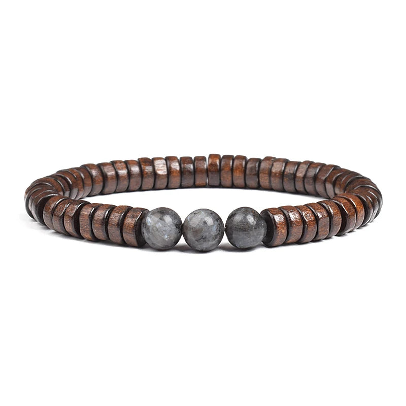 Cylindrical Wood Beads With Natural Stone Bracelet For Men