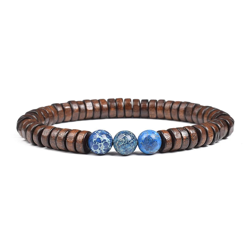 Cylindrical Wood Beads With Natural Stone Bracelet For Men