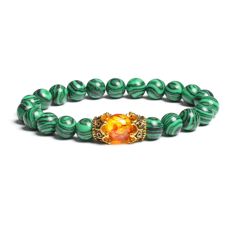 Black Lava Stone Crown Charm Tiger Eye Beads Bracelet
