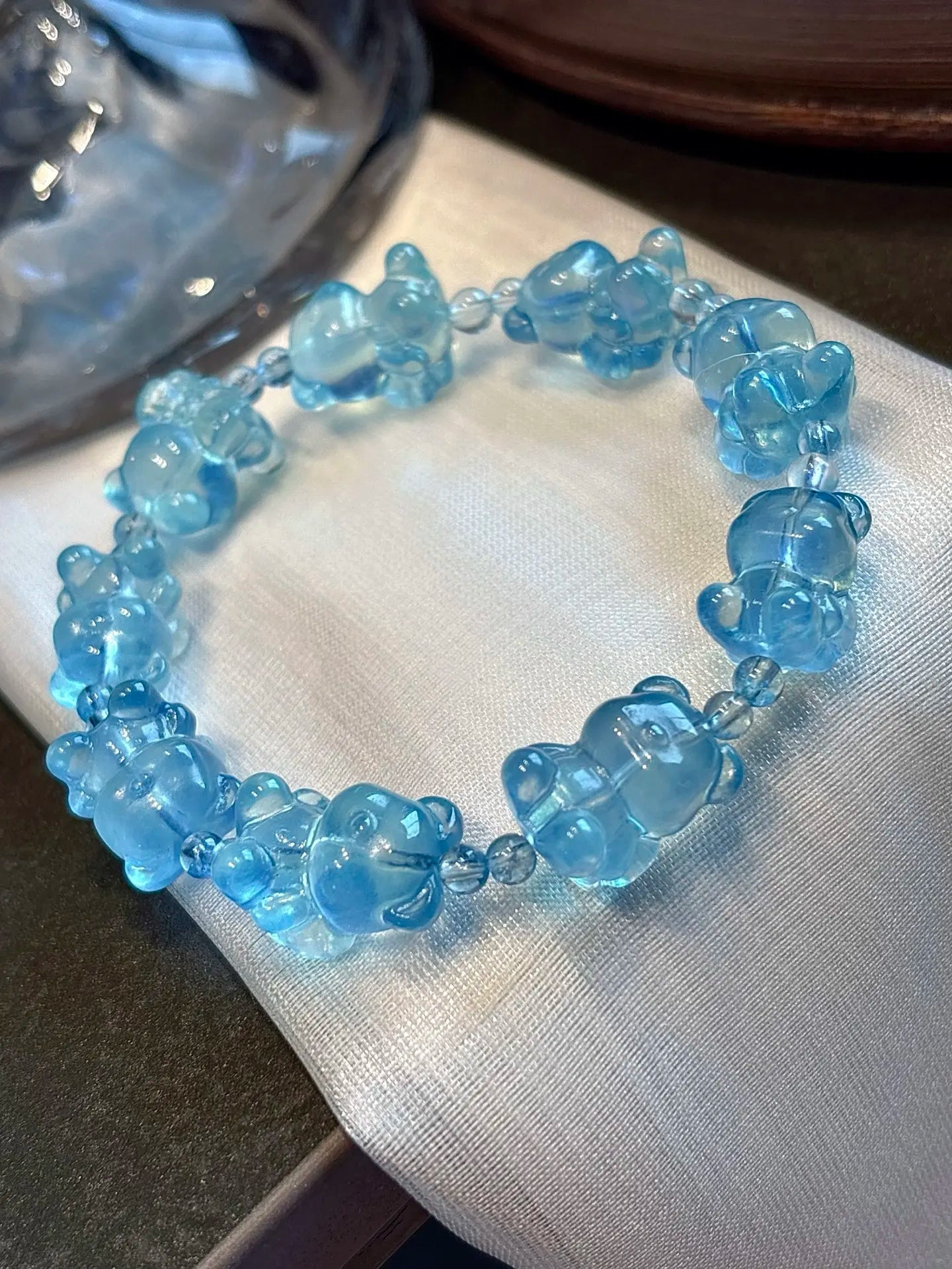 Deep Blue Aquamarine Bear Beads Bracelet – Natural 11x15mm for Women & Men