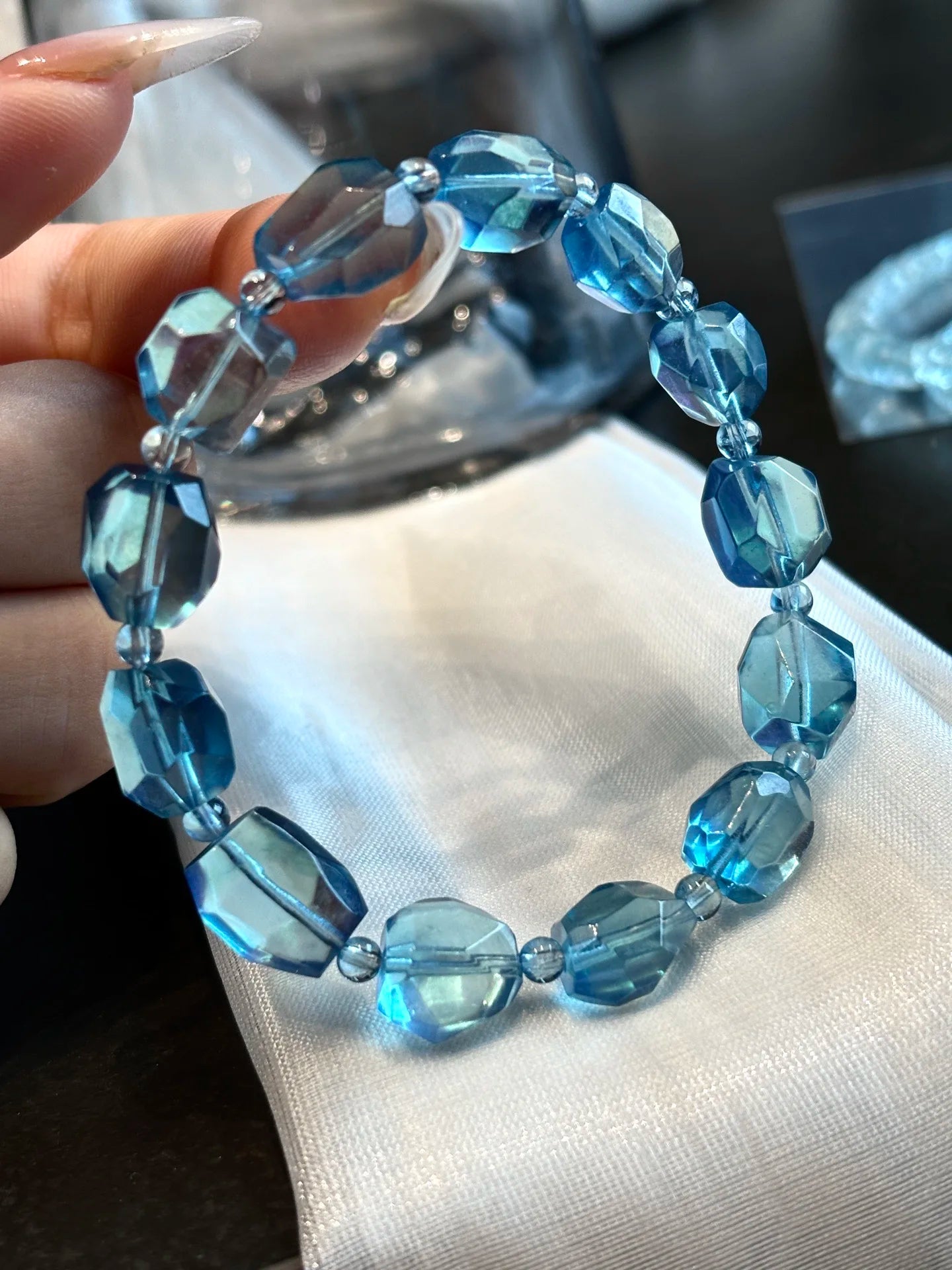 Deep Blue Aquamarine Bracelet – Natural Round Beads 10x13mm for Women & Men