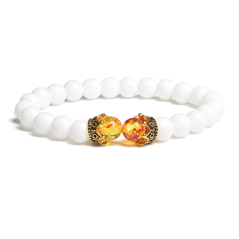 Black Lava Stone Crown Charm Tiger Eye Beads Bracelet