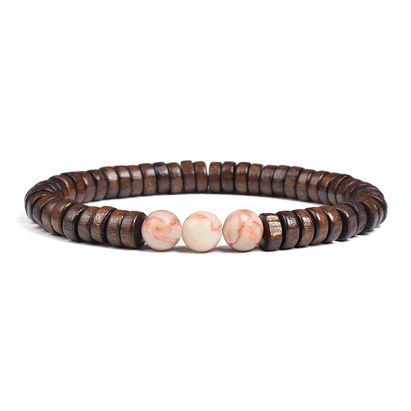 Cylindrical Wood Beads With Natural Stone Bracelet For Men