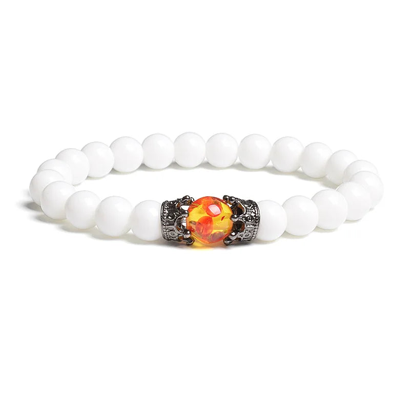 Black Lava Stone Crown Charm Tiger Eye Beads Bracelet