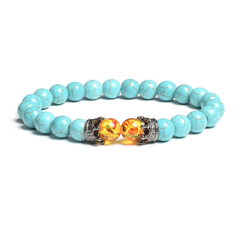 Black Lava Stone Crown Charm Tiger Eye Beads Bracelet