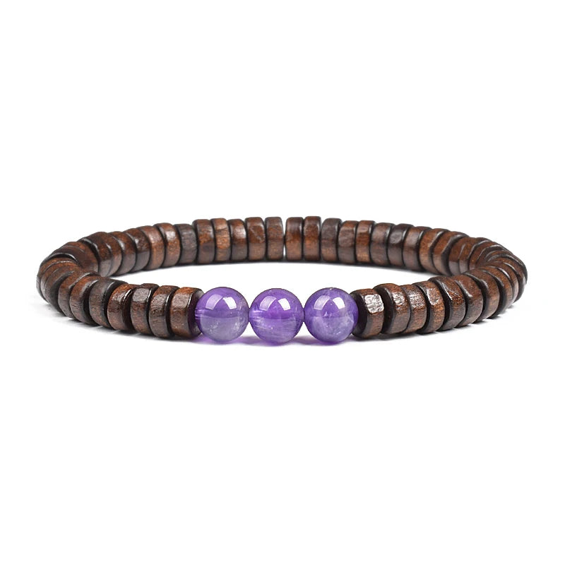 Cylindrical Wood Beads With Natural Stone Bracelet For Men