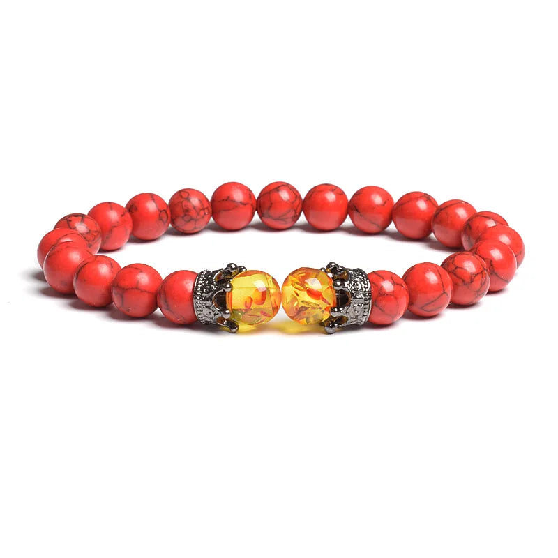 Black Lava Stone Crown Charm Tiger Eye Beads Bracelet
