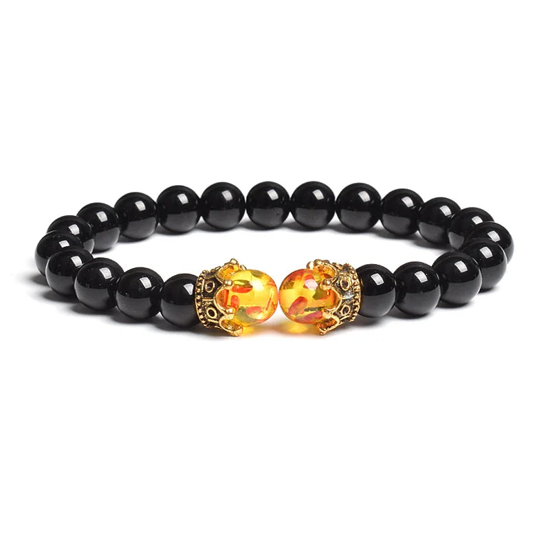Black Lava Stone Crown Charm Tiger Eye Beads Bracelet