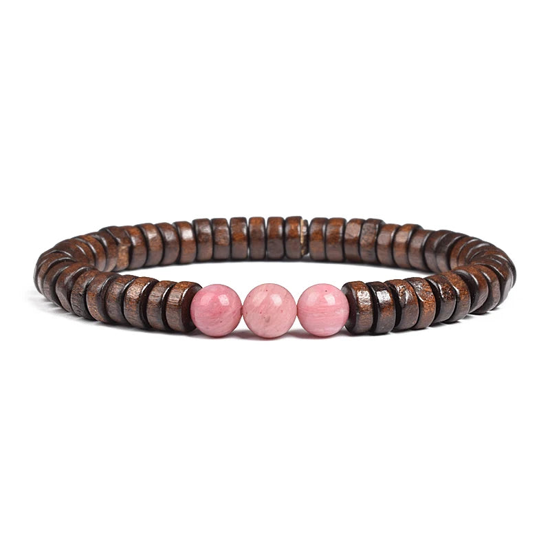 Cylindrical Wood Beads With Natural Stone Bracelet For Men