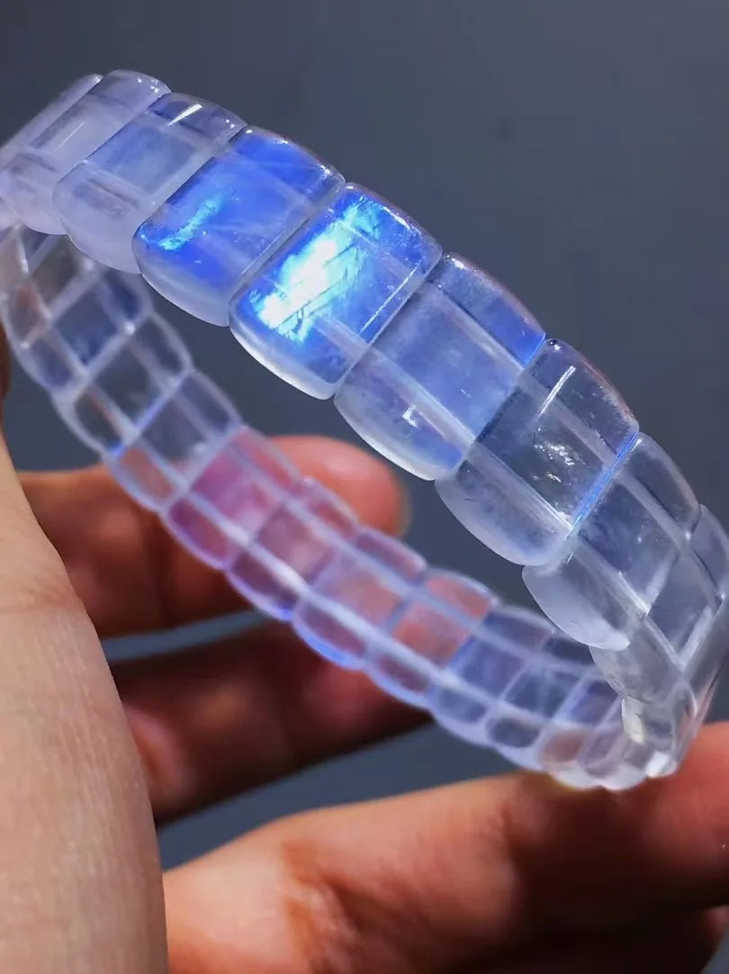 Blue Moonstone Bracelet – Natural Rectangular Beads, Healing Crystal