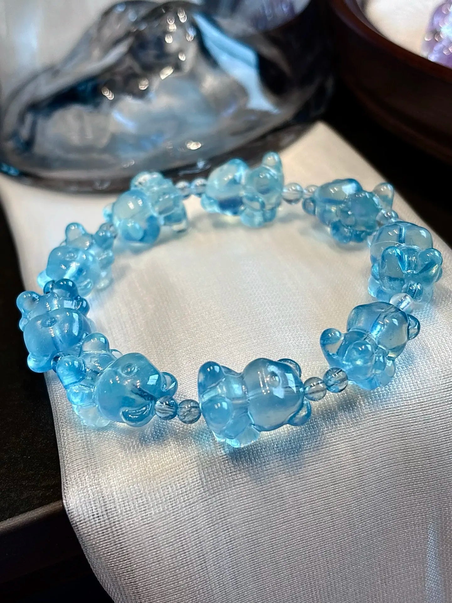 Deep Blue Aquamarine Bear Beads Bracelet – Natural 11x15mm for Women & Men